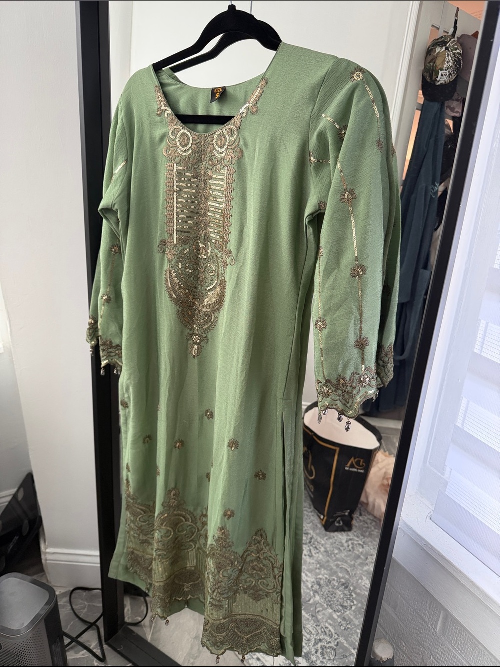 Sage Green Embroidered Long-Sleeve Dress